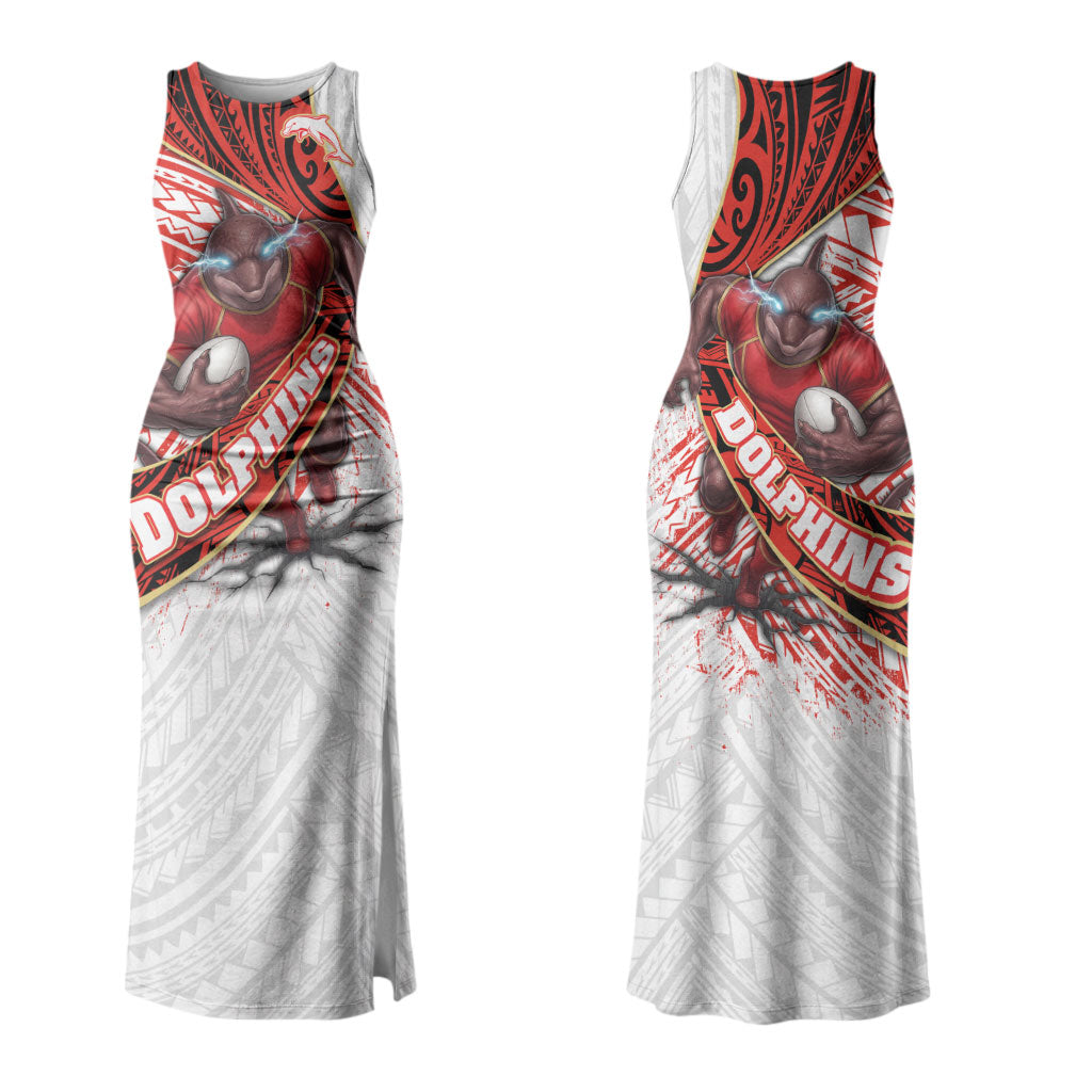 Redcliffe Dolphins NRL Rugby Couples Matching Tank Maxi Dress and Long Sleeve Button Shirt Tribal Polynesian Power Art - Lightning Mascot