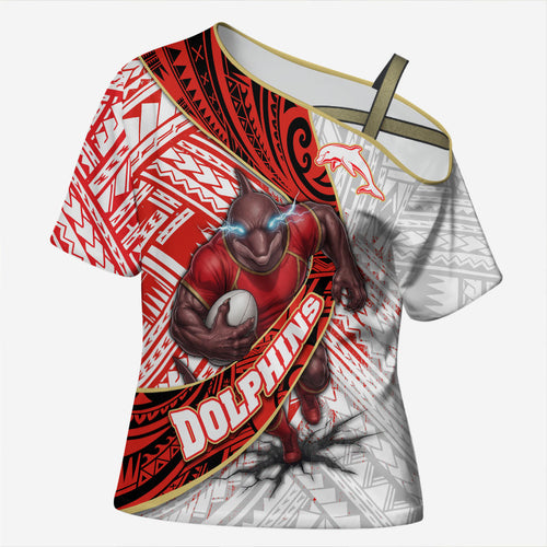 Redcliffe Dolphins NRL Rugby Cross Shoulder Shirt Tribal Polynesian Power Art - Lightning Mascot