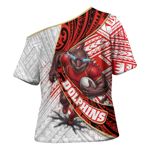 Redcliffe Dolphins NRL Rugby Cross Shoulder Shirt Tribal Polynesian Power Art - Lightning Mascot