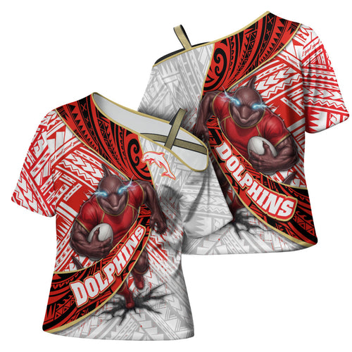 Redcliffe Dolphins NRL Rugby Cross Shoulder Shirt Tribal Polynesian Power Art - Lightning Mascot