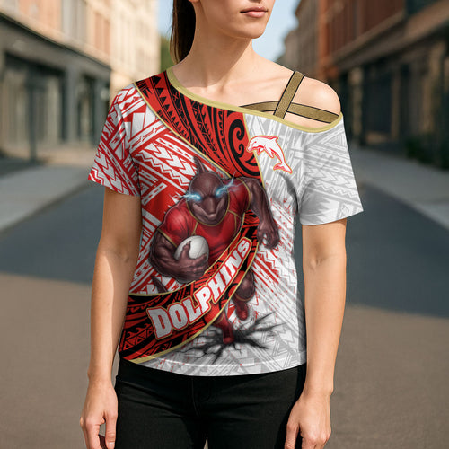 Redcliffe Dolphins NRL Rugby Cross Shoulder Shirt Tribal Polynesian Power Art - Lightning Mascot