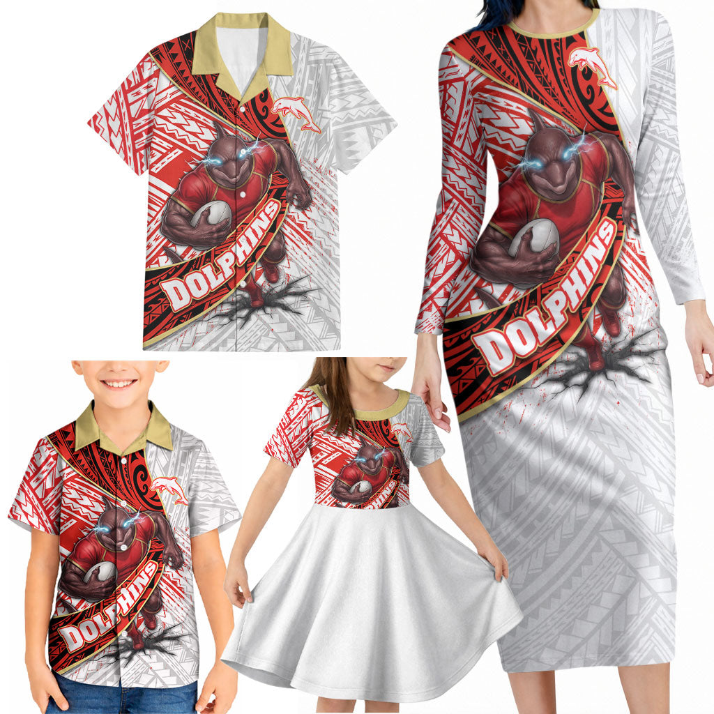Redcliffe Dolphins NRL Rugby Family Matching Long Sleeve Bodycon Dress and Hawaiian Shirt Tribal Polynesian Power Art - Lightning Mascot