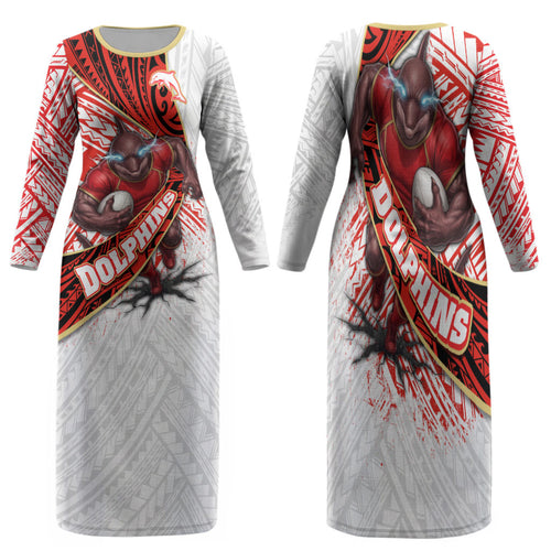 Redcliffe Dolphins NRL Rugby Family Matching Long Sleeve Bodycon Dress and Hawaiian Shirt Tribal Polynesian Power Art - Lightning Mascot