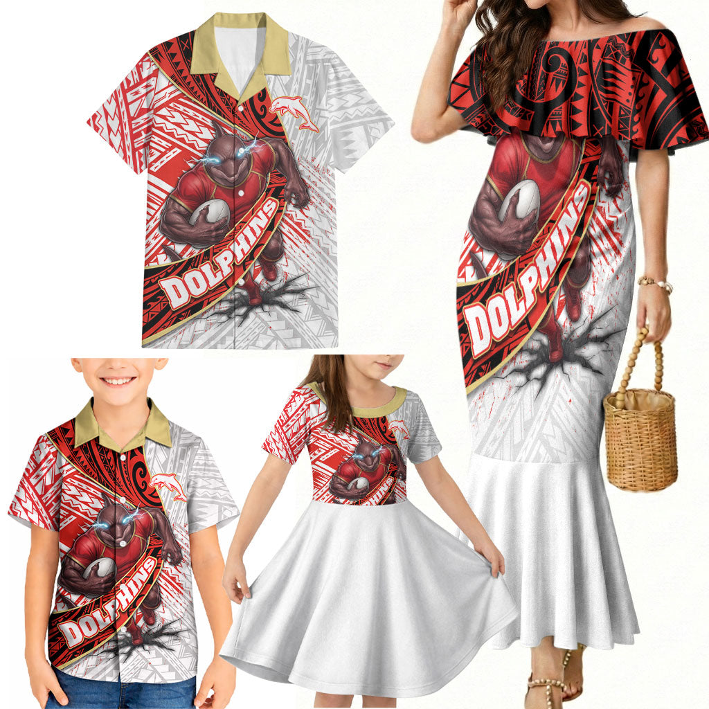 Redcliffe Dolphins NRL Rugby Family Matching Mermaid Dress and Hawaiian Shirt Tribal Polynesian Power Art - Lightning Mascot