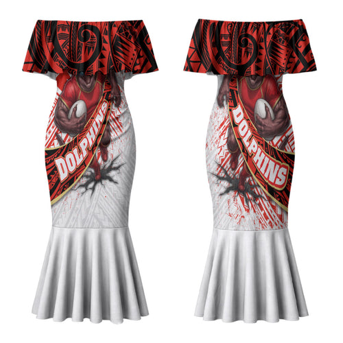 Redcliffe Dolphins NRL Rugby Family Matching Mermaid Dress and Hawaiian Shirt Tribal Polynesian Power Art - Lightning Mascot