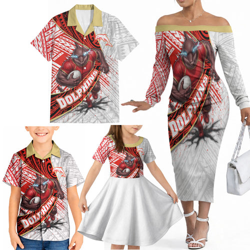 Redcliffe Dolphins NRL Rugby Family Matching Off The Shoulder Long Sleeve Dress and Hawaiian Shirt Tribal Polynesian Power Art - Lightning Mascot