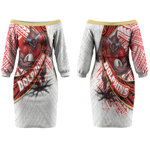 Redcliffe Dolphins NRL Rugby Family Matching Off The Shoulder Long Sleeve Dress and Hawaiian Shirt Tribal Polynesian Power Art - Lightning Mascot