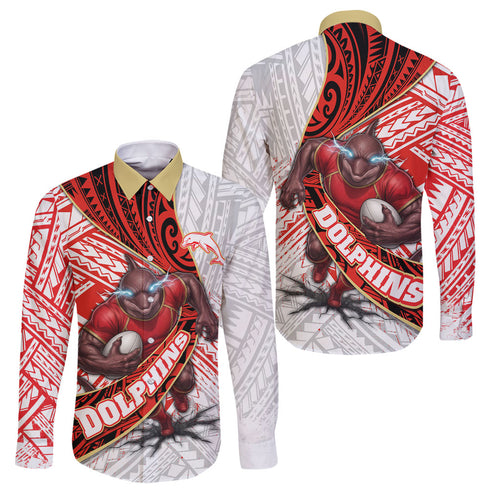 Redcliffe Dolphins NRL Rugby Family Matching Off The Shoulder Long Sleeve Dress and Hawaiian Shirt Tribal Polynesian Power Art - Lightning Mascot