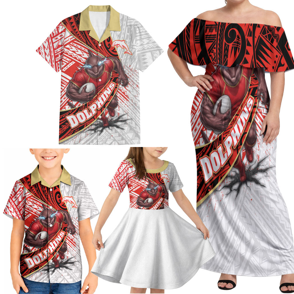 Redcliffe Dolphins NRL Rugby Family Matching Off Shoulder Maxi Dress and Hawaiian Shirt Tribal Polynesian Power Art - Lightning Mascot