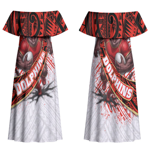 Redcliffe Dolphins NRL Rugby Family Matching Off Shoulder Maxi Dress and Hawaiian Shirt Tribal Polynesian Power Art - Lightning Mascot