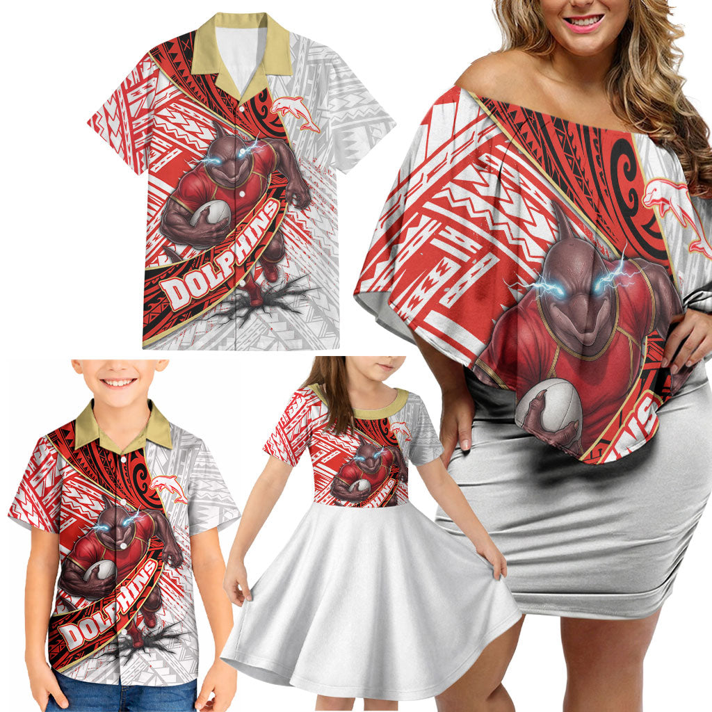 Redcliffe Dolphins NRL Rugby Family Matching Off Shoulder Short Dress and Hawaiian Shirt Tribal Polynesian Power Art - Lightning Mascot