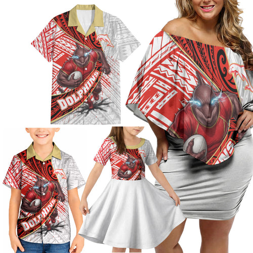Redcliffe Dolphins NRL Rugby Family Matching Off Shoulder Short Dress and Hawaiian Shirt Tribal Polynesian Power Art - Lightning Mascot