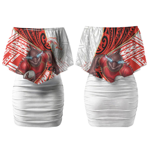 Redcliffe Dolphins NRL Rugby Family Matching Off Shoulder Short Dress and Hawaiian Shirt Tribal Polynesian Power Art - Lightning Mascot