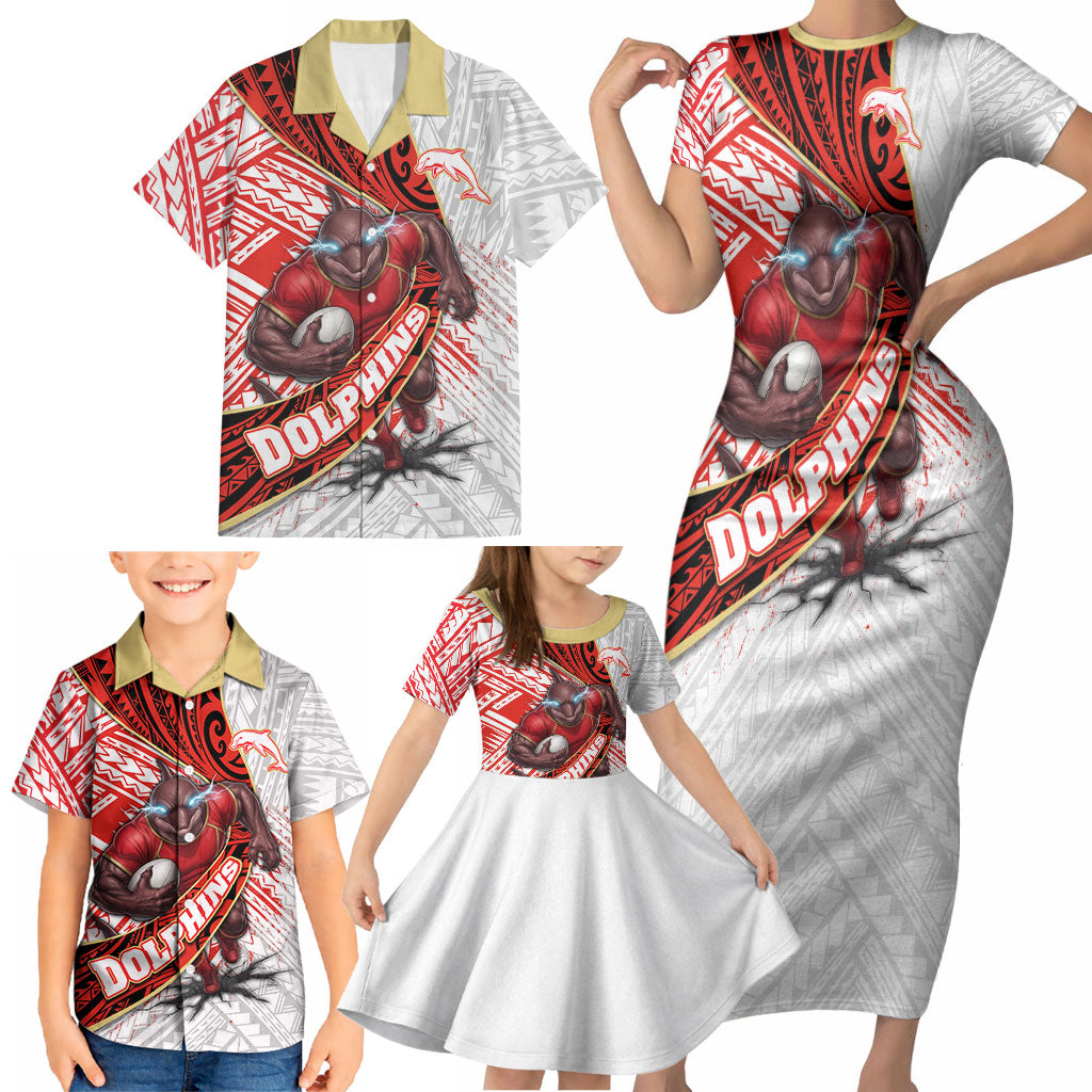 Redcliffe Dolphins NRL Rugby Family Matching Short Sleeve Bodycon Dress and Hawaiian Shirt Tribal Polynesian Power Art - Lightning Mascot