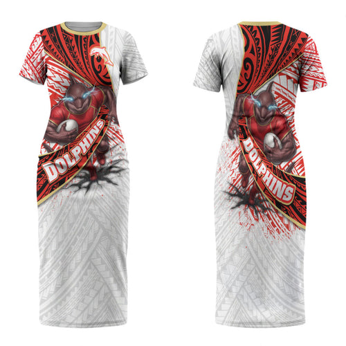 Redcliffe Dolphins NRL Rugby Family Matching Short Sleeve Bodycon Dress and Hawaiian Shirt Tribal Polynesian Power Art - Lightning Mascot