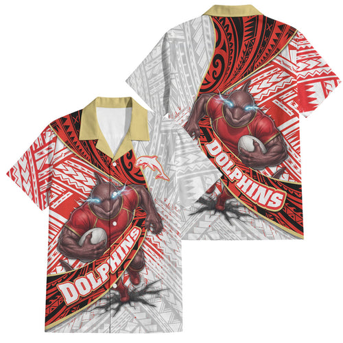 Redcliffe Dolphins NRL Rugby Family Matching Short Sleeve Bodycon Dress and Hawaiian Shirt Tribal Polynesian Power Art - Lightning Mascot