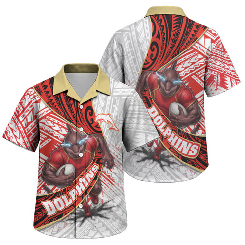 Redcliffe Dolphins NRL Rugby Family Matching Short Sleeve Bodycon Dress and Hawaiian Shirt Tribal Polynesian Power Art - Lightning Mascot