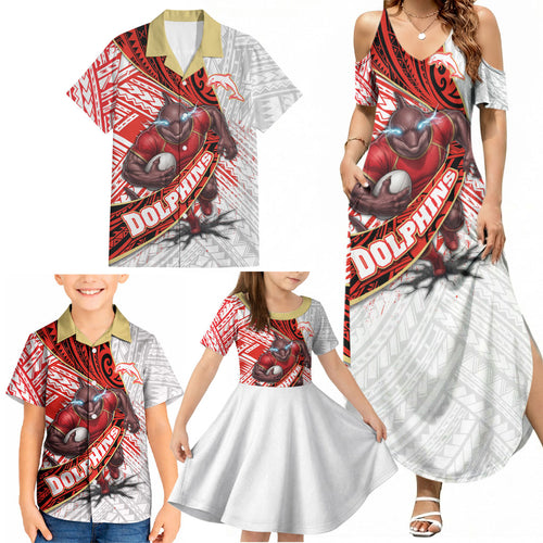 Redcliffe Dolphins NRL Rugby Family Matching Summer Maxi Dress and Hawaiian Shirt Tribal Polynesian Power Art - Lightning Mascot