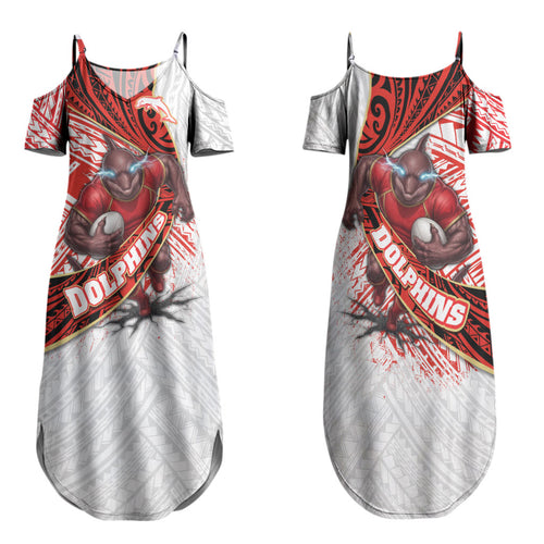 Redcliffe Dolphins NRL Rugby Family Matching Summer Maxi Dress and Hawaiian Shirt Tribal Polynesian Power Art - Lightning Mascot