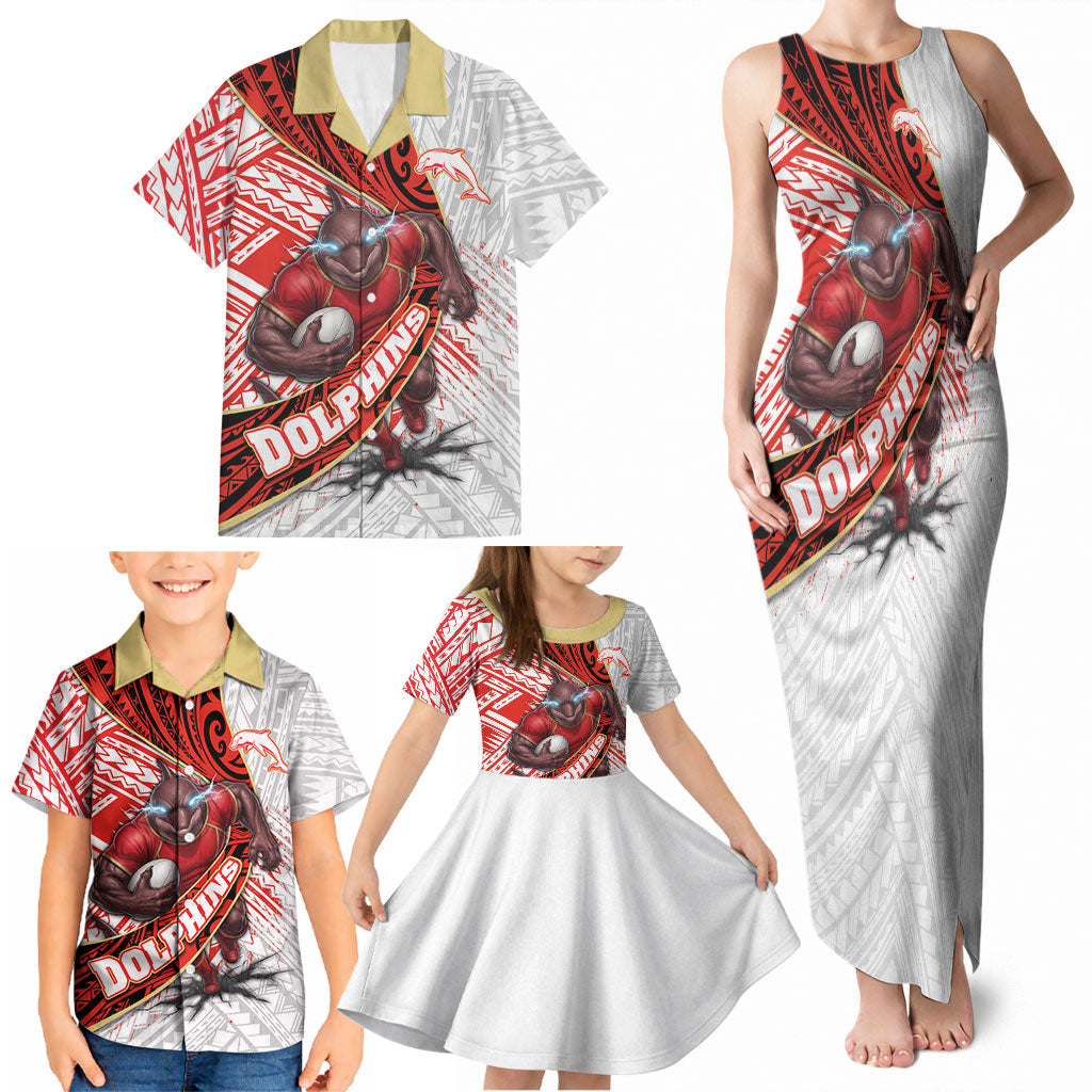 Redcliffe Dolphins NRL Rugby Family Matching Tank Maxi Dress and Hawaiian Shirt Tribal Polynesian Power Art - Lightning Mascot