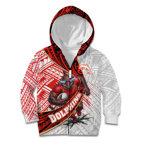 Redcliffe Dolphins NRL Rugby Kid Hoodie Tribal Polynesian Power Art - Lightning Mascot