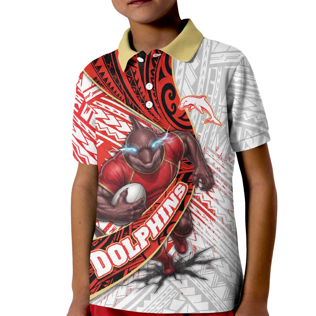 Redcliffe Dolphins NRL Rugby Kid Polo Shirt Tribal Polynesian Power Art - Lightning Mascot