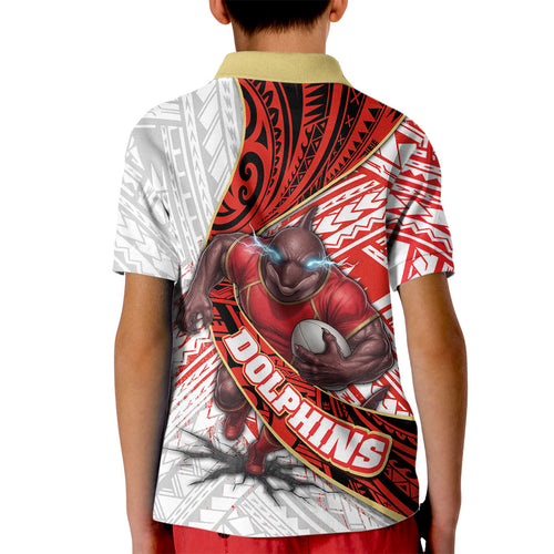 Redcliffe Dolphins NRL Rugby Kid Polo Shirt Tribal Polynesian Power Art - Lightning Mascot