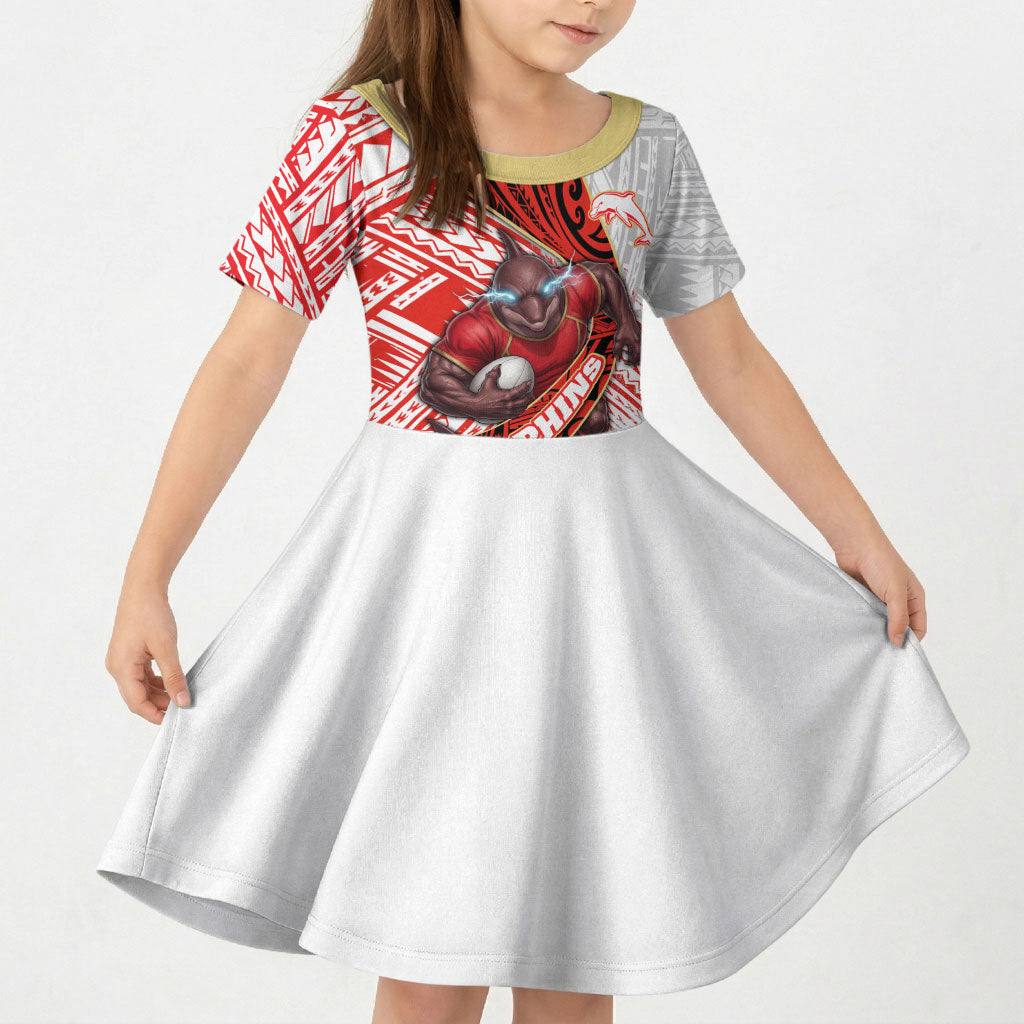 Redcliffe Dolphins NRL Rugby Kid Short Sleeve Dress Tribal Polynesian Power Art - Lightning Mascot