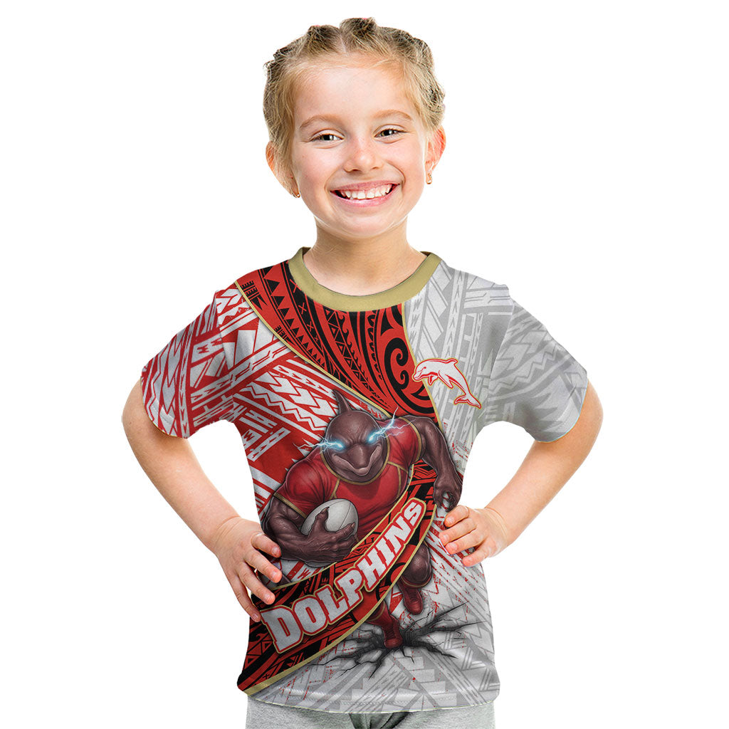 Redcliffe Dolphins NRL Rugby Kid T Shirt Tribal Polynesian Power Art - Lightning Mascot