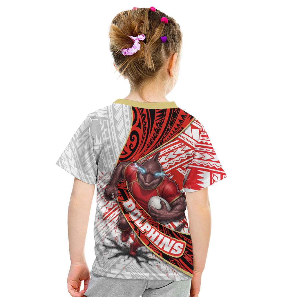 Redcliffe Dolphins NRL Rugby Kid T Shirt Tribal Polynesian Power Art - Lightning Mascot