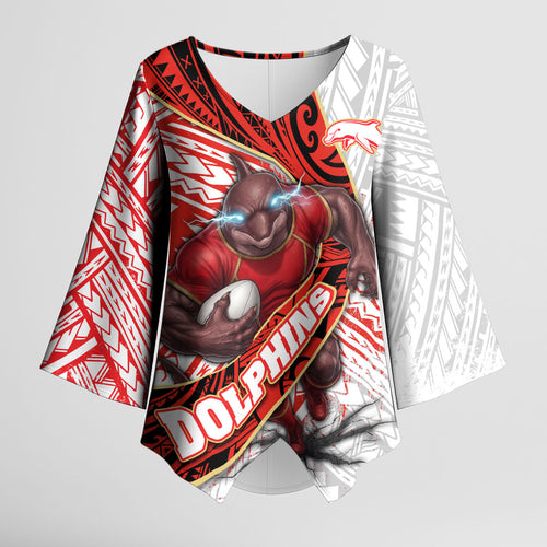 Redcliffe Dolphins NRL Rugby Kimono Sleeve Blouse Tribal Polynesian Power Art - Lightning Mascot
