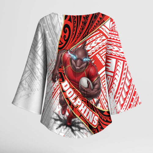 Redcliffe Dolphins NRL Rugby Kimono Sleeve Blouse Tribal Polynesian Power Art - Lightning Mascot