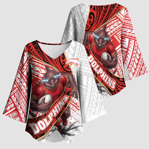 Redcliffe Dolphins NRL Rugby Kimono Sleeve Blouse Tribal Polynesian Power Art - Lightning Mascot