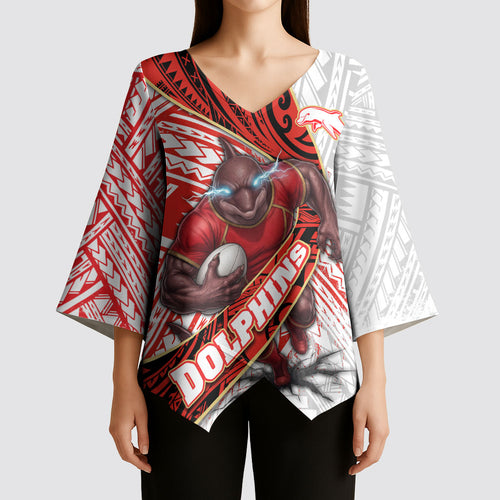 Redcliffe Dolphins NRL Rugby Kimono Sleeve Blouse Tribal Polynesian Power Art - Lightning Mascot