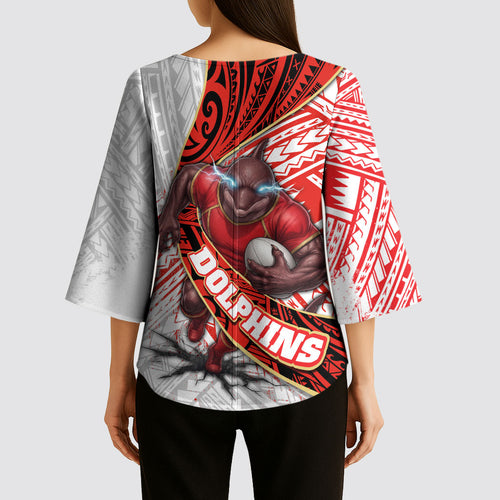 Redcliffe Dolphins NRL Rugby Kimono Sleeve Blouse Tribal Polynesian Power Art - Lightning Mascot