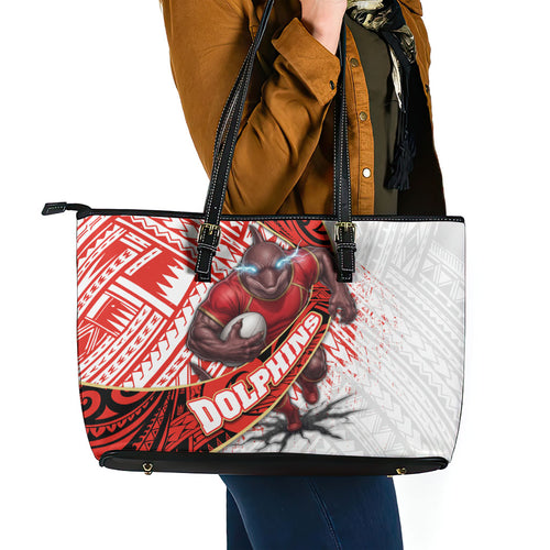 Redcliffe Dolphins NRL Rugby Leather Tote Bag Tribal Polynesian Power Art - Lightning Mascot