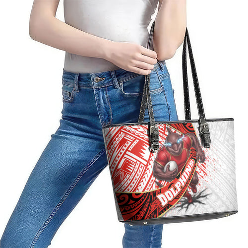 Redcliffe Dolphins NRL Rugby Leather Tote Bag Tribal Polynesian Power Art - Lightning Mascot