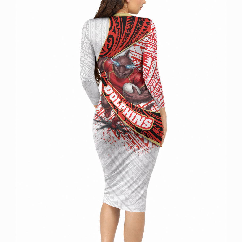 Redcliffe Dolphins NRL Rugby Long Sleeve Bodycon Dress Tribal Polynesian Power Art - Lightning Mascot