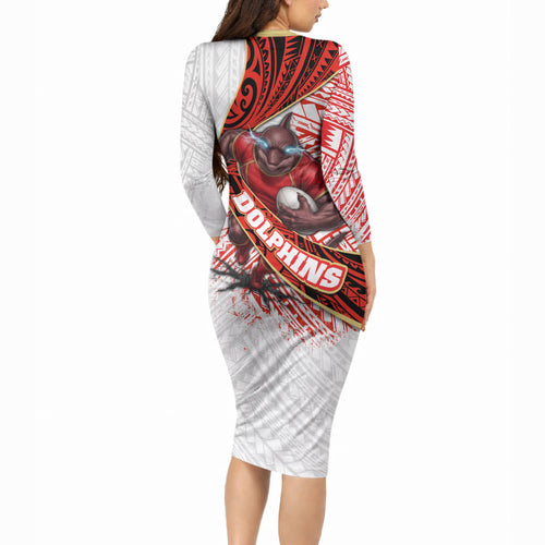 Redcliffe Dolphins NRL Rugby Long Sleeve Bodycon Dress Tribal Polynesian Power Art - Lightning Mascot