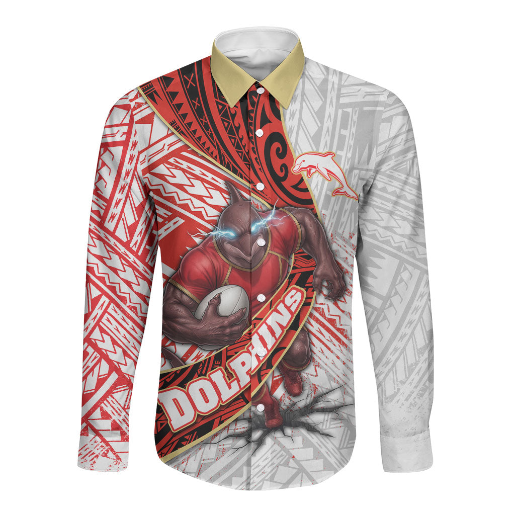 Redcliffe Dolphins NRL Rugby Long Sleeve Button Shirt Tribal Polynesian Power Art - Lightning Mascot
