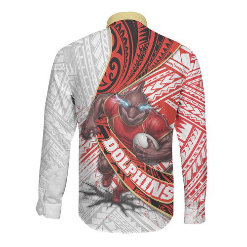 Redcliffe Dolphins NRL Rugby Long Sleeve Button Shirt Tribal Polynesian Power Art - Lightning Mascot