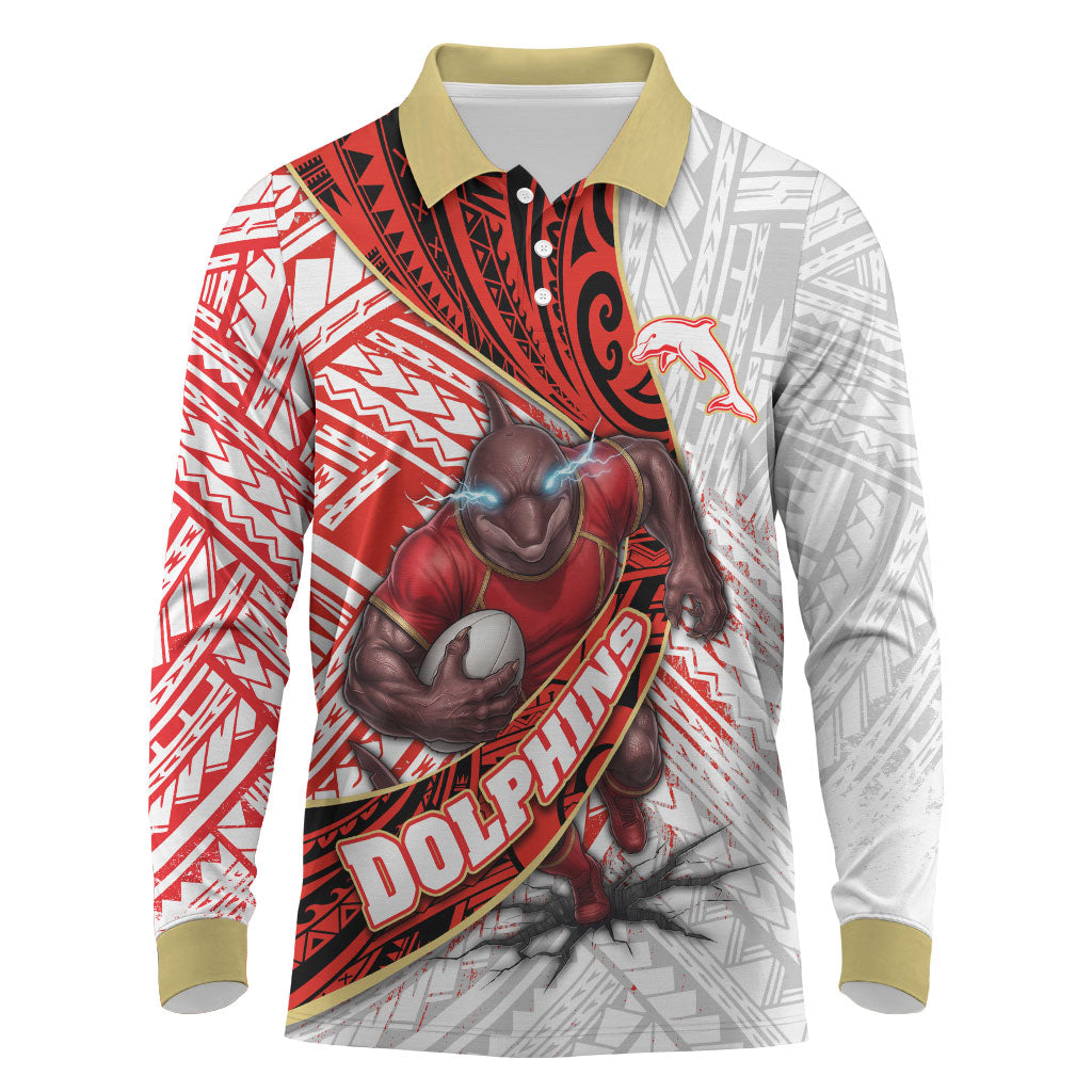 Redcliffe Dolphins NRL Rugby Long Sleeve Polo Shirt Tribal Polynesian Power Art - Lightning Mascot