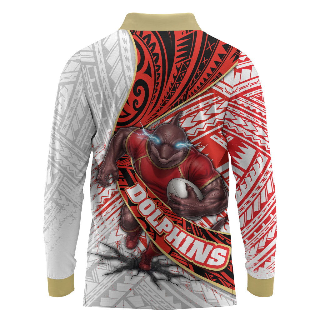 Redcliffe Dolphins NRL Rugby Long Sleeve Polo Shirt Tribal Polynesian Power Art - Lightning Mascot