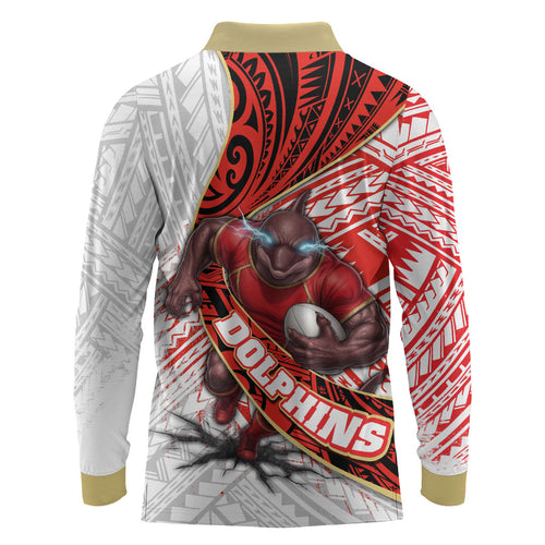 Redcliffe Dolphins NRL Rugby Long Sleeve Polo Shirt Tribal Polynesian Power Art - Lightning Mascot