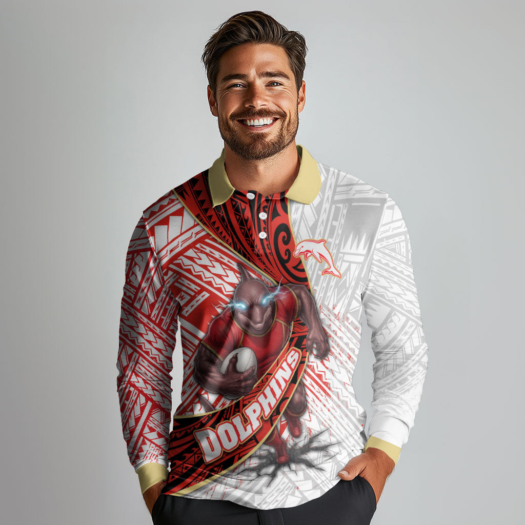 Redcliffe Dolphins NRL Rugby Long Sleeve Polo Shirt Tribal Polynesian Power Art - Lightning Mascot