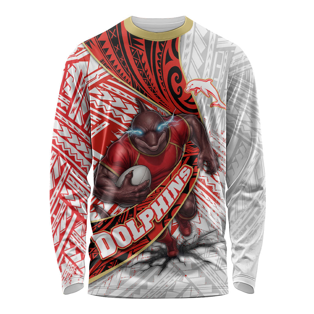 Redcliffe Dolphins NRL Rugby Long Sleeve Shirt Tribal Polynesian Power Art - Lightning Mascot