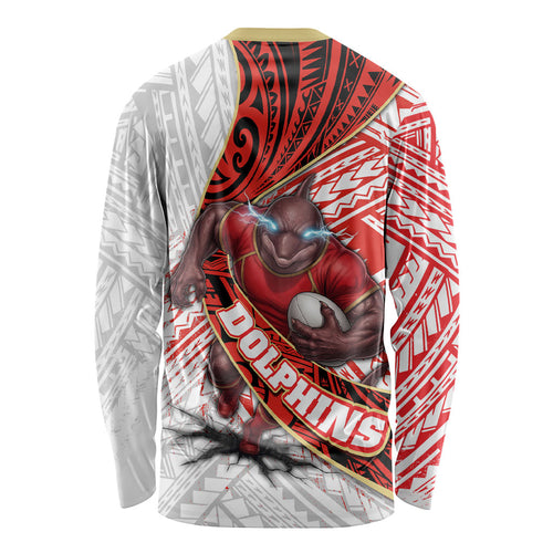 Redcliffe Dolphins NRL Rugby Long Sleeve Shirt Tribal Polynesian Power Art - Lightning Mascot