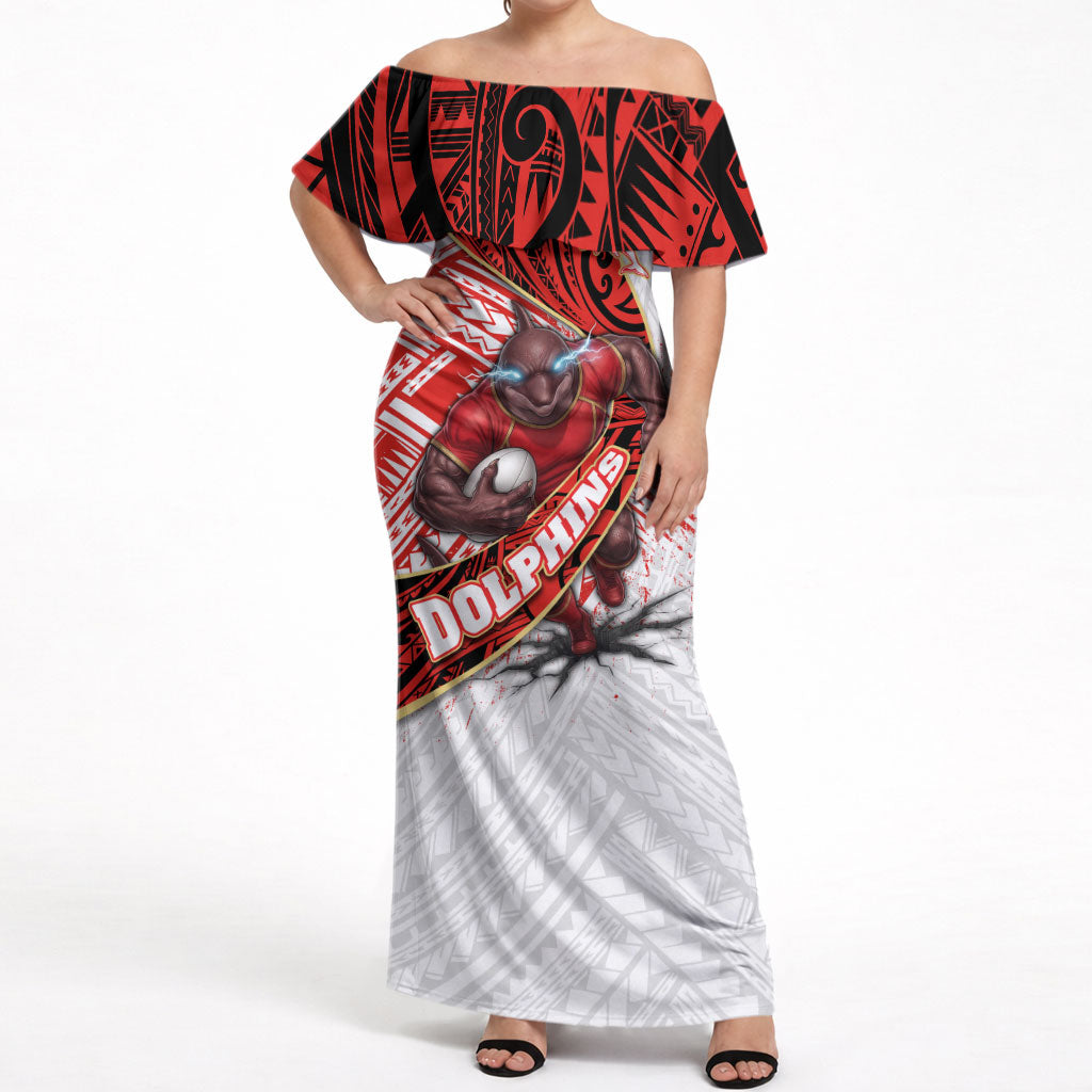 Redcliffe Dolphins NRL Rugby Off Shoulder Maxi Dress Tribal Polynesian Power Art - Lightning Mascot