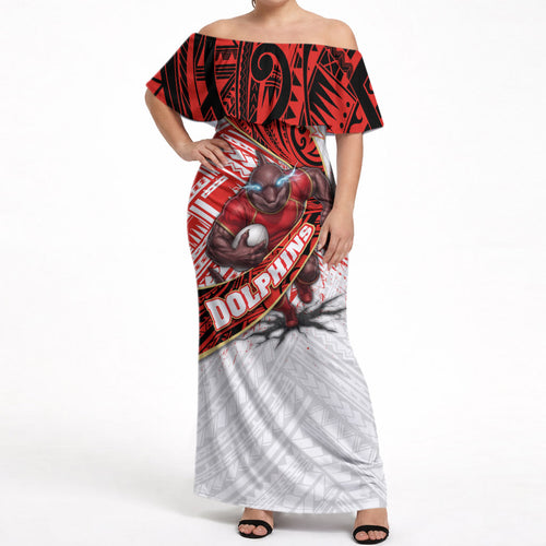 Redcliffe Dolphins NRL Rugby Off Shoulder Maxi Dress Tribal Polynesian Power Art - Lightning Mascot