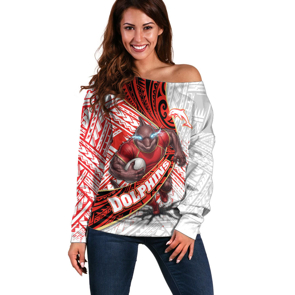 Redcliffe Dolphins NRL Rugby Off Shoulder Sweater Tribal Polynesian Power Art - Lightning Mascot